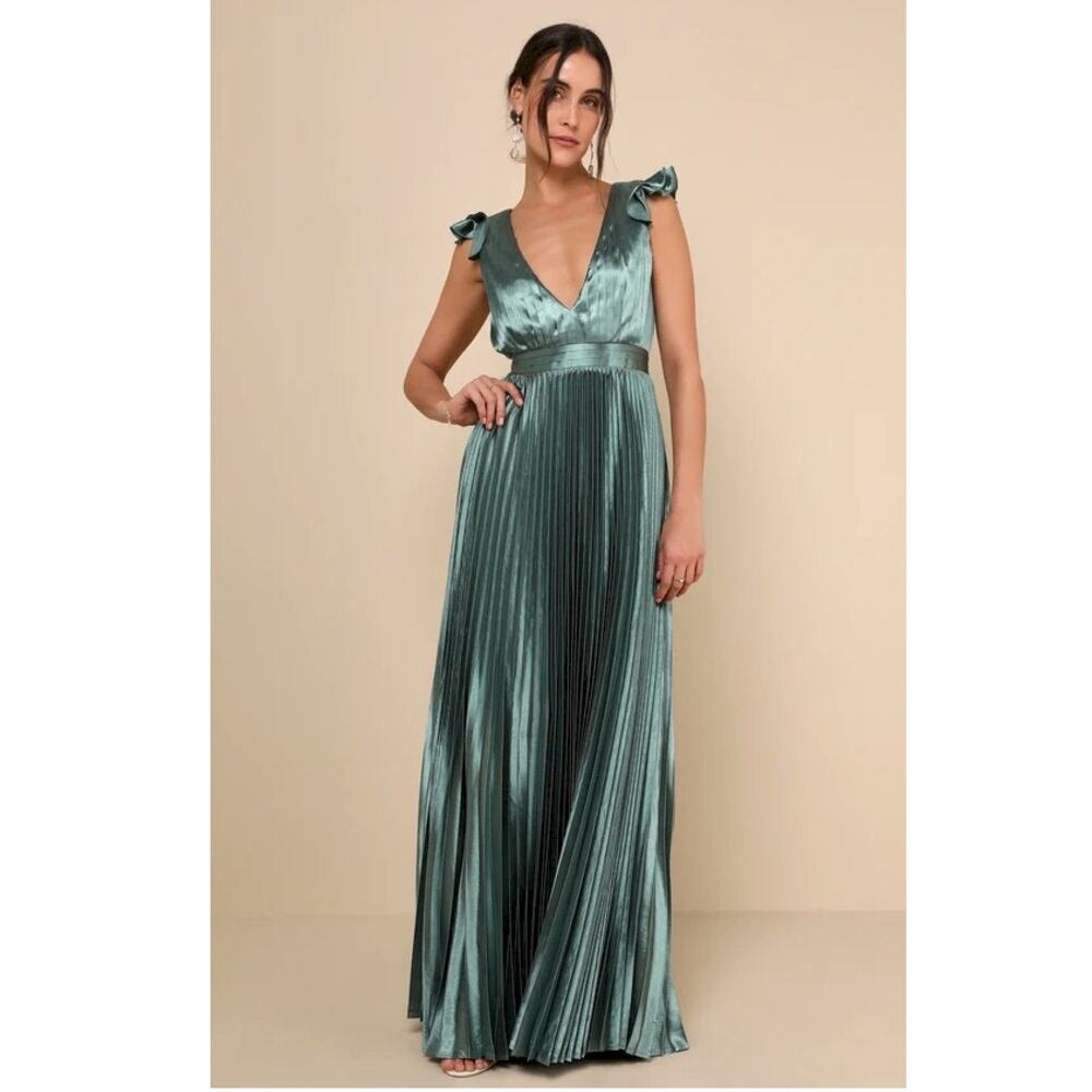 Exceptional Drama Sage Green Satin Lace-Up Pleated Maxi Dress Small NWOT - Picture 5 of 13